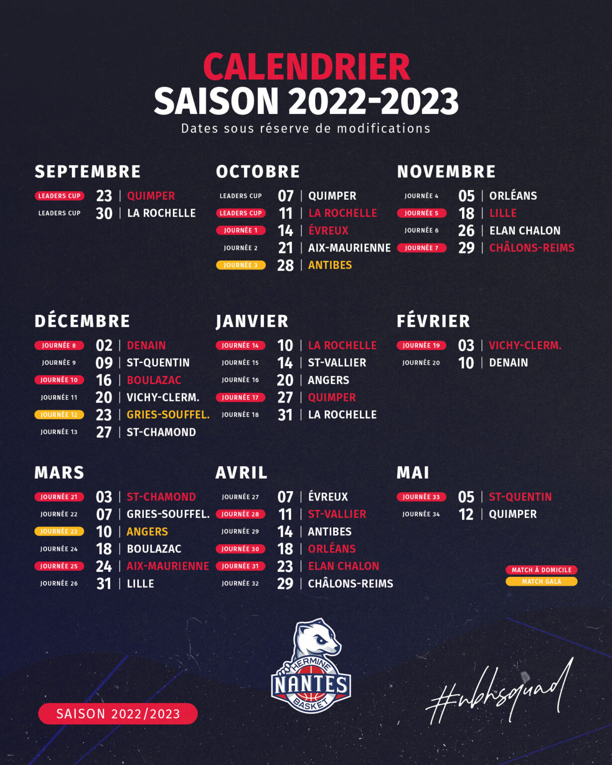 Le Calendrier 2022/2023 Du Nantes Basket Hermine Est Sorti | Nantes ...